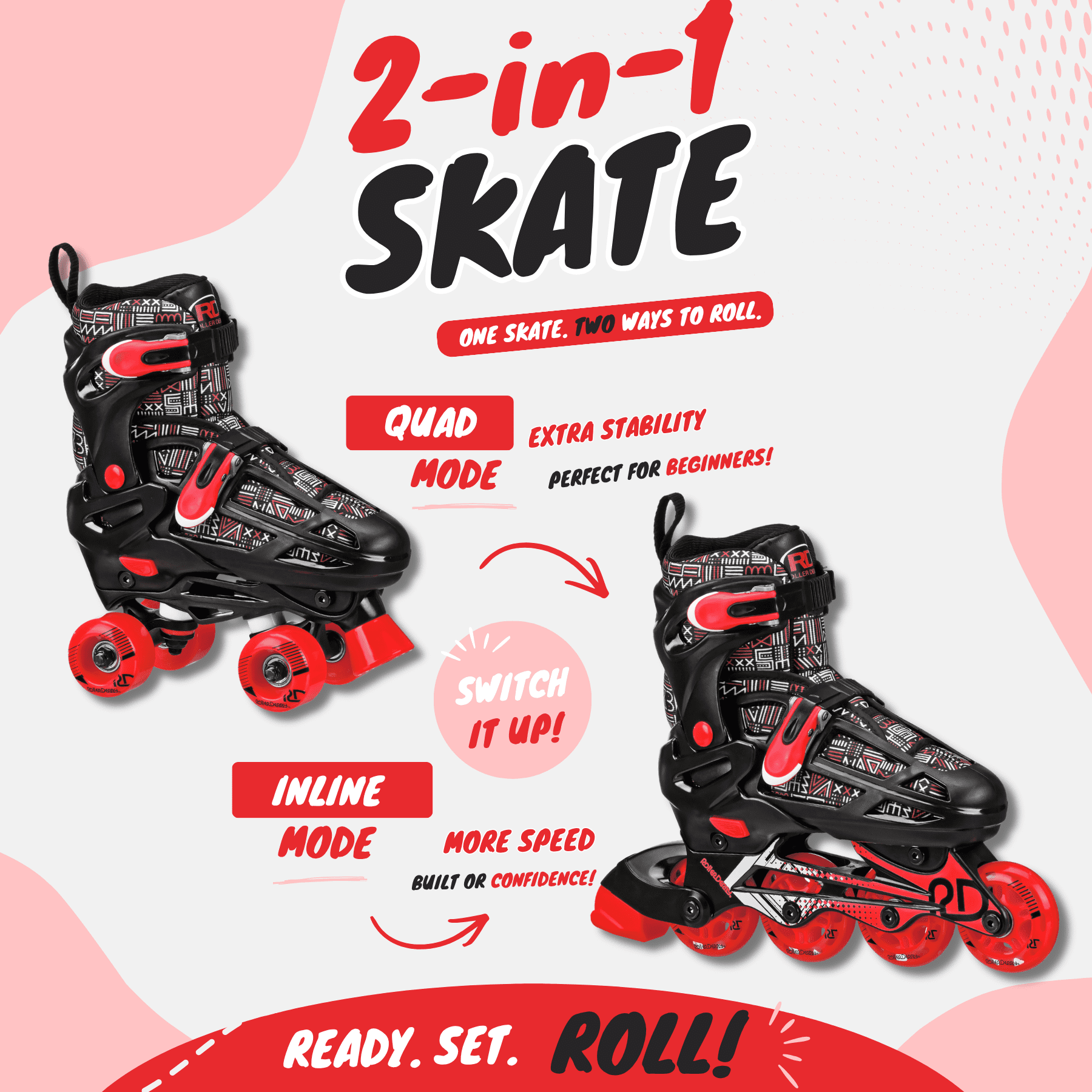 Roller Derby Falcon 2-in-1 Combo Adjustable Quad and Inline Skates, Black/Red, Medium