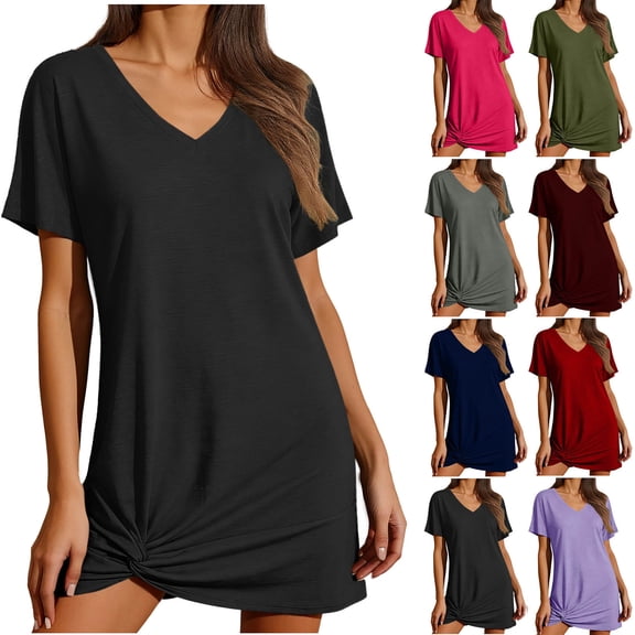 qucoqpe Women's V-Neck Short Sleeve Twist Front T-Shirt Dress Solid Color Casual Swimsuit Cover Up Beach Dress for Vacation Black 2XL
