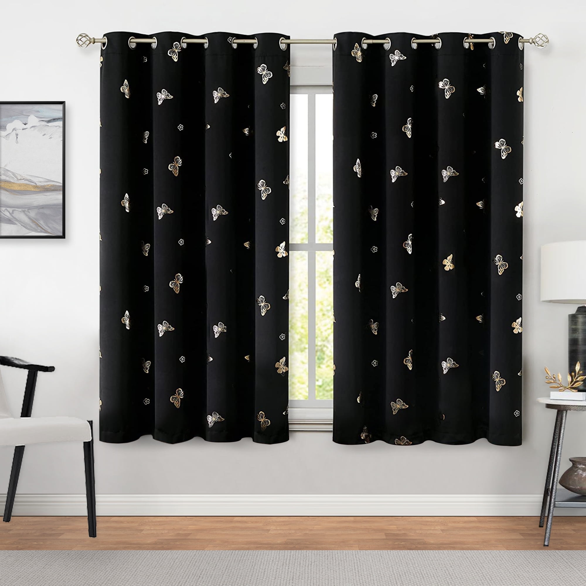 Flowpartex Butterfly Blackout Curtain Panels Set of 2 for Living Room Darkening Black and Gold Foil Print Grommet Top Window Drapes for Nursery Kids Bedroom, 63"L×52"W