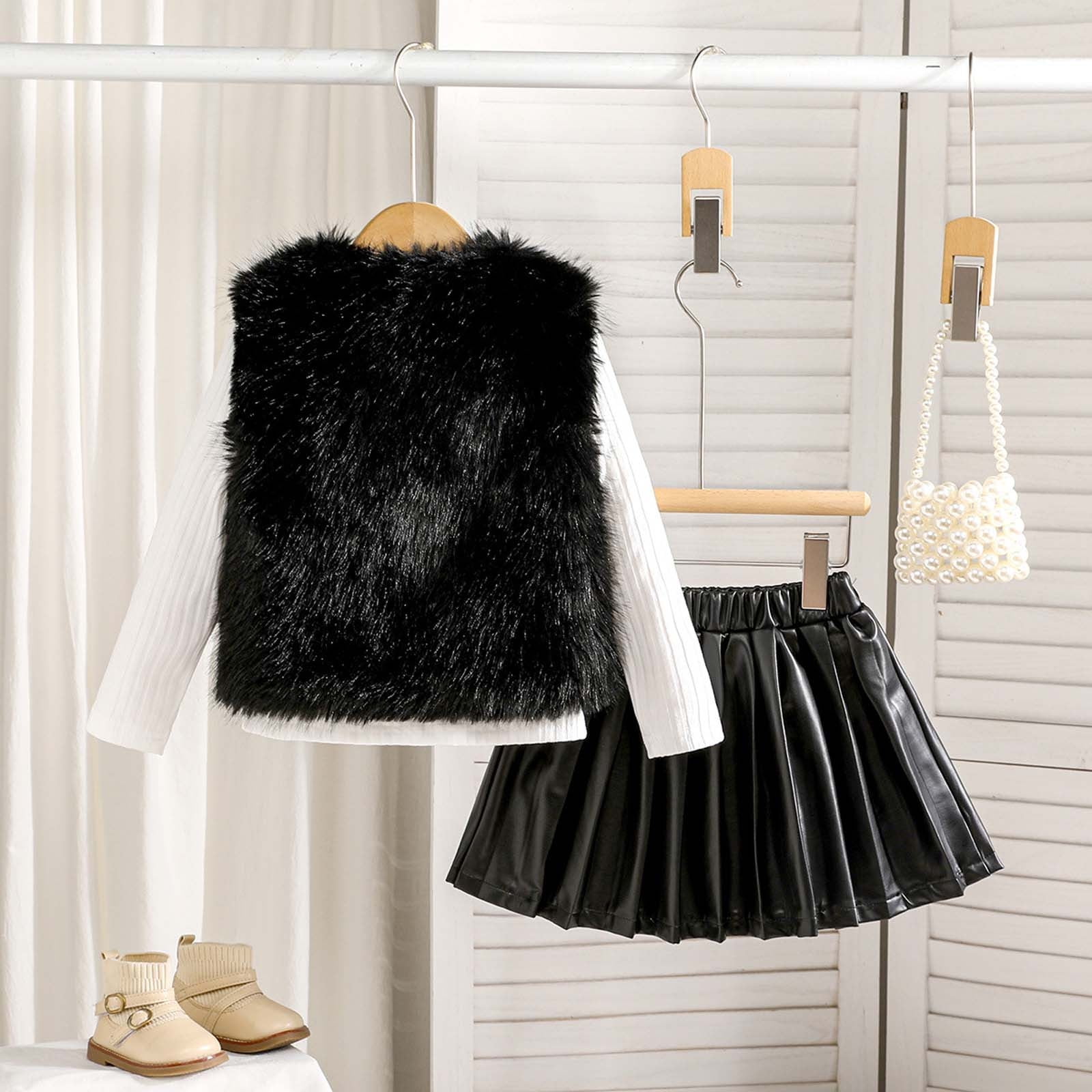 MEZZALL Girls Outfits Set Vest Long Sleeve Round Neck Tops PU Leather Pleated Skirt 3 Piece Outfits For Toddler Kids Holiday Cartoon Clothing