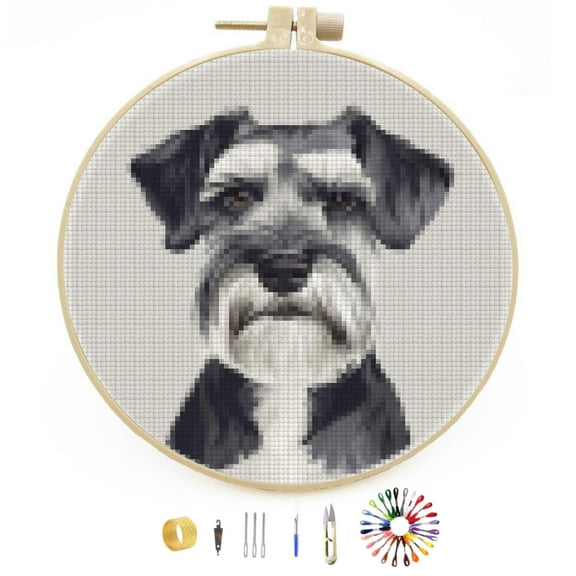 DIY Stamped Cross Stitch Kits Schnauzer Dog Easy for Beginners with Hoop 11CT Counted Embroidery Needlepoint Crafts Arts for Handmade Enthusiasts and Home Decor 30x30cm(2)