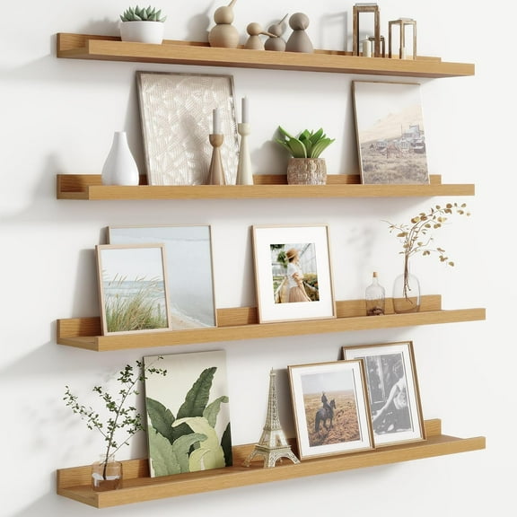 Floating Picture Ledge Shelves for Wall Set of 4, 36 Inch Solid Wood Wall Shelves with Lip Long Large Nursery Book Shelf for Toys Storage Kids Bookshelf Wall Mounted Living Room Bedroom Decor Frames