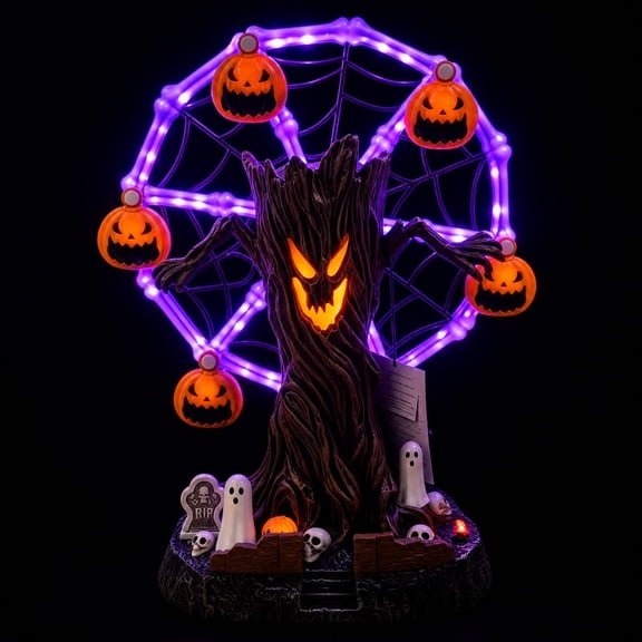 Halloween Spooky Tree Ferris Wheel Tabletop Decor with LED Lights, 7.87 Inch Rotating Pumpkin Ghost Ornament for Home Display