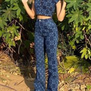 Aellinatey Women High Waist Straight Jeans Pants Asymmetrical Plaid Floral Denim Trousers