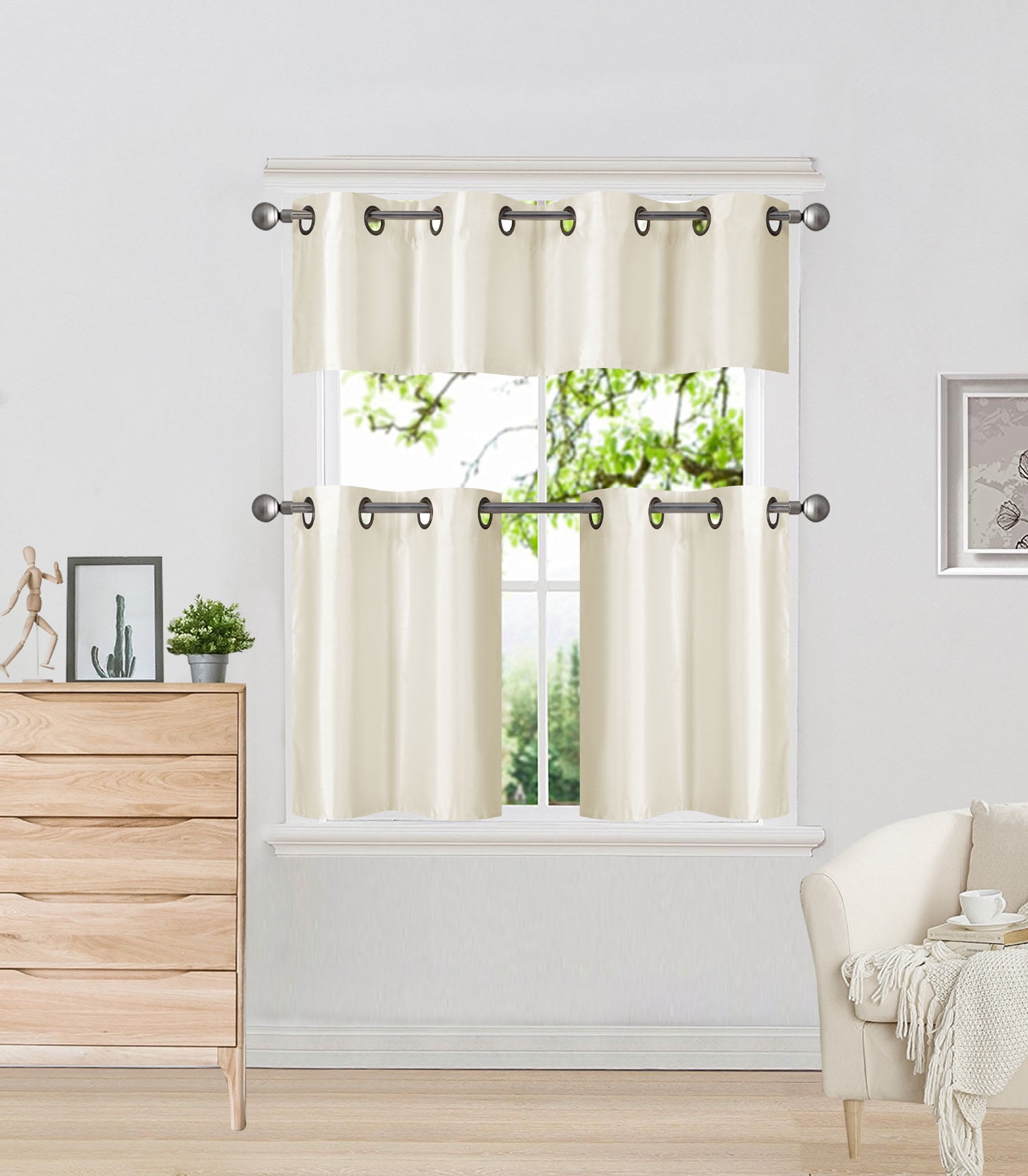 3Piece K9 IVORY Light Filtering 2 layered Bronze Grommest Kitchen