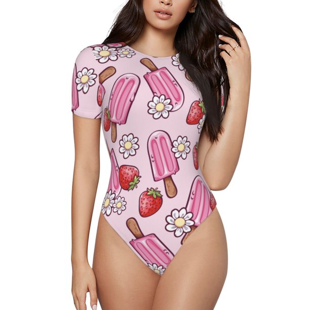 Fotbe Strawberry Popsicle Body de Mujer con Cuello Redondo y Mangas Cortas, Sin Mangas Ajustado, Suave, Cómodo y Básico-Small