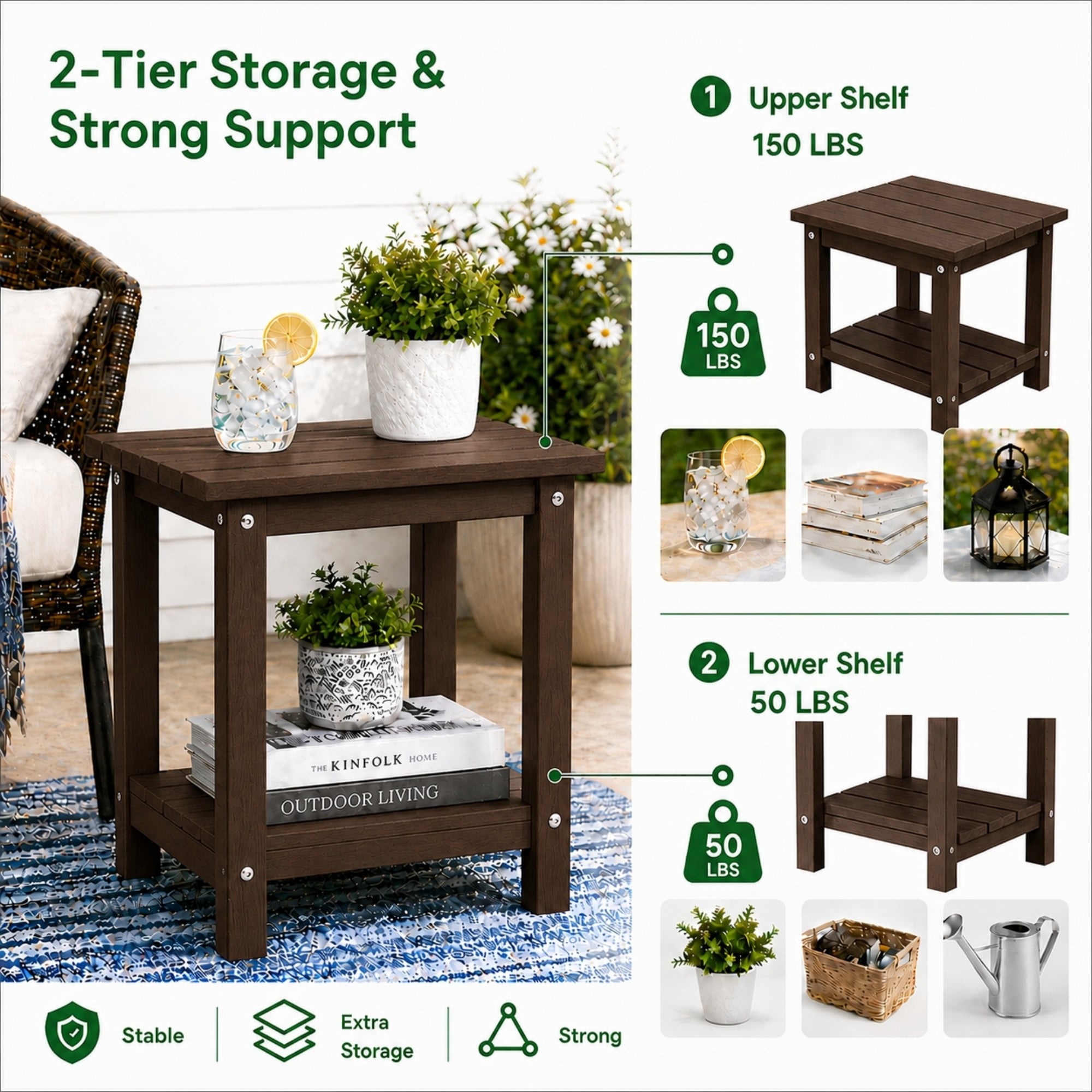 Y&M Outdoor Side Table, HIPS Adirondack Small Double Layer Table, Waterproof Square Balcony Modern End Tables for Patio, Pool, Beach, Porch, Deck, Indoor or Outdoor Use, Coffee
