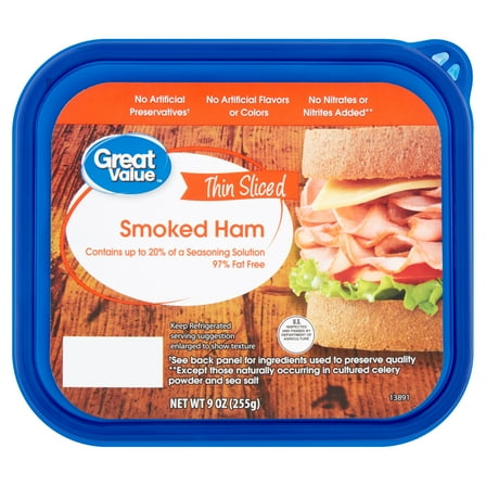 Great Value Thin Sliced Smoked Ham Lunchmeat, 9 oz, Plastic Tub