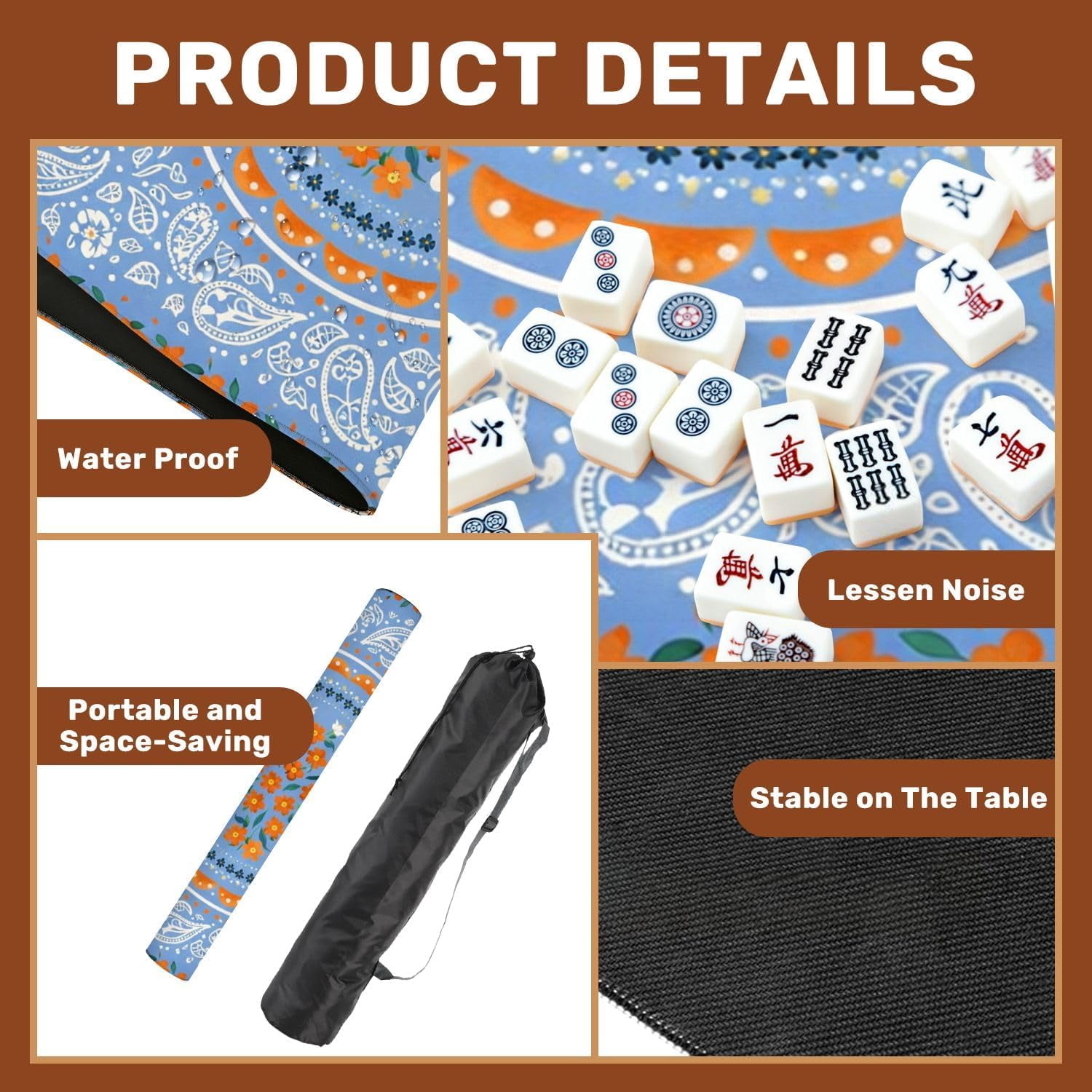 Mahjong Mat with Carrying Bag 31.5" x 31.5" Non-Slip Noise Reduction Floral Mandala Blue White Paisley Motifs Orange Flowers Table Mat for Mahjong Poker Dominoes Card Board Tile Games