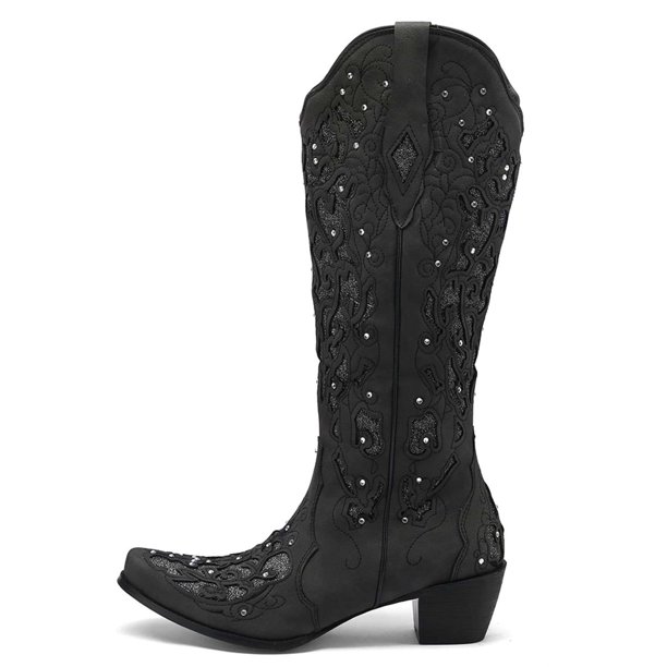 Retro Vintage Women Western Boots Chunky High Heels Cowgirl Cowboy Pull On Rhinestones Embroidered Knee High Shoes