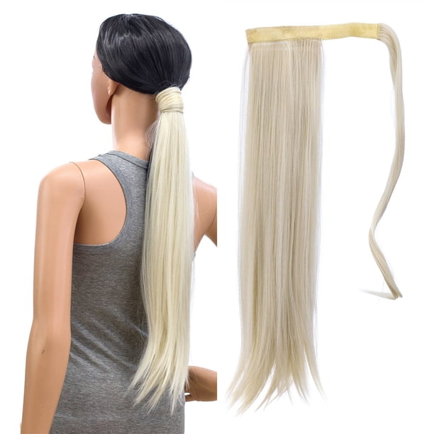 SWACC Extensión de cola de caballo larga recta/rizada ondulada para mujer, extensión de cabello sintético con clip (rubio platino liso-60#)