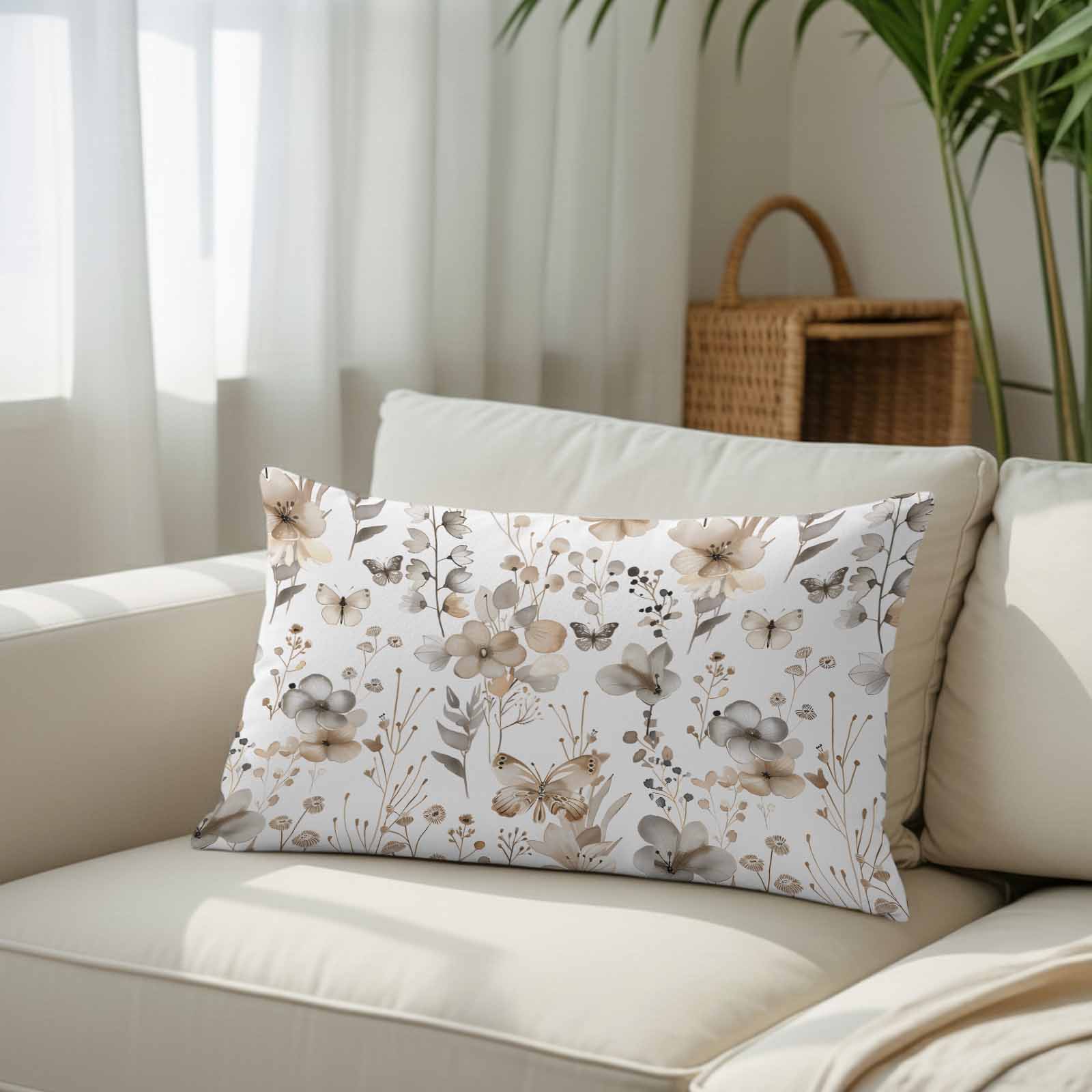 Brown Grey Floral Spring Body Pillow Cover, Pillowcase Protectors with Zipper, Breathable Decorative Throw Pillow Case Cover, Watercolor Botanical Butterfly Pillow Shams for Couch Sofa 24x36Inch
