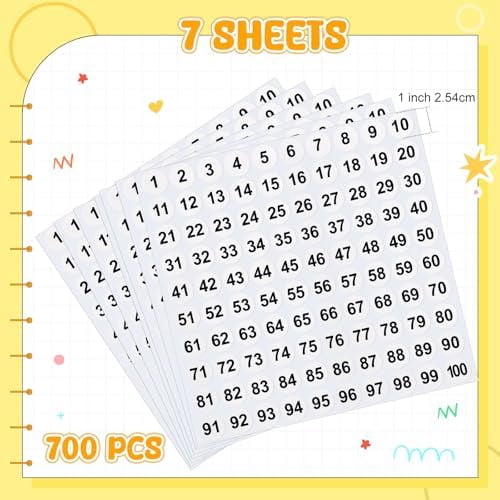Clabby 700 Pcs Consecutive Number Stickers 1-100 Round Colored Labels 1 Inch Self Adhesive Vinyl Number Decals for Office, Inventory, Storage, Bins (Black)