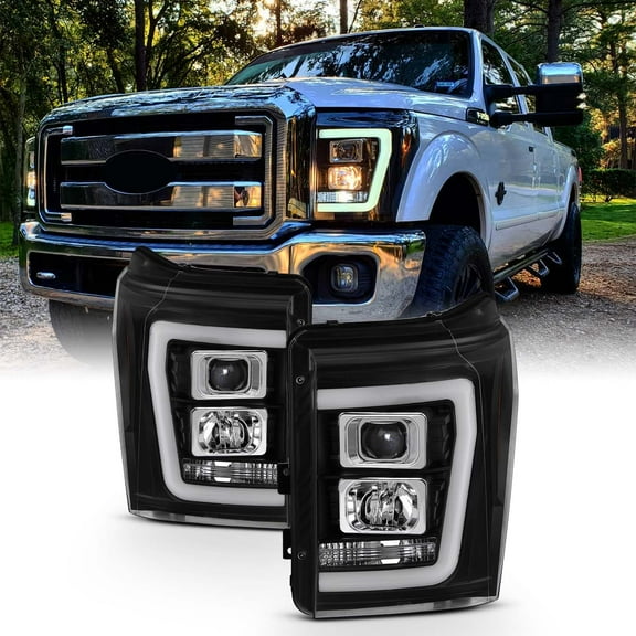 AKKON - For 2011-2016 Ford F250 F350 F450 F550 Superduty LED Tube Black Projector Headlights Driver Passenger Pair