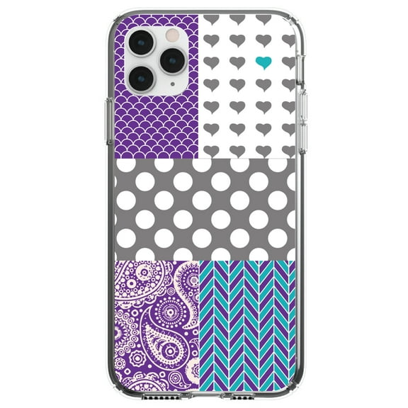 DistinctInk Clear Shockproof Hybrid Case for iPhone 12 MINI (5.4" Screen) - TPU Bumper, Acrylic Back, Tempered Glass Screen Protector - Purple Teal Grey Patterns