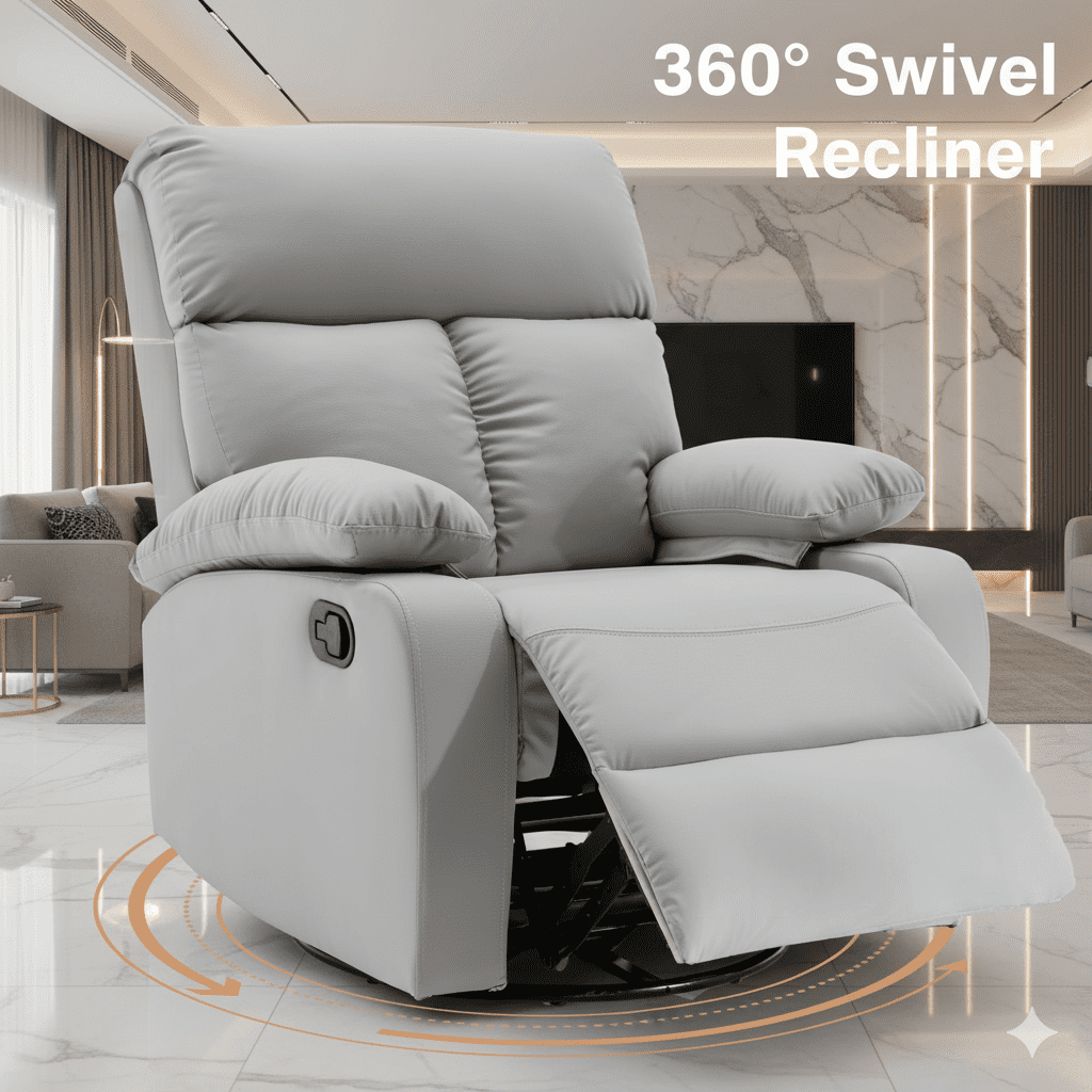 2 Pcs Gray Ergonomic Swivel Recliner Chair for Living Room, Manual Rocking Recliner with 360° Rotation, Soft Fabric Lounge Chair for Reading, Movie Nights and Relaxing