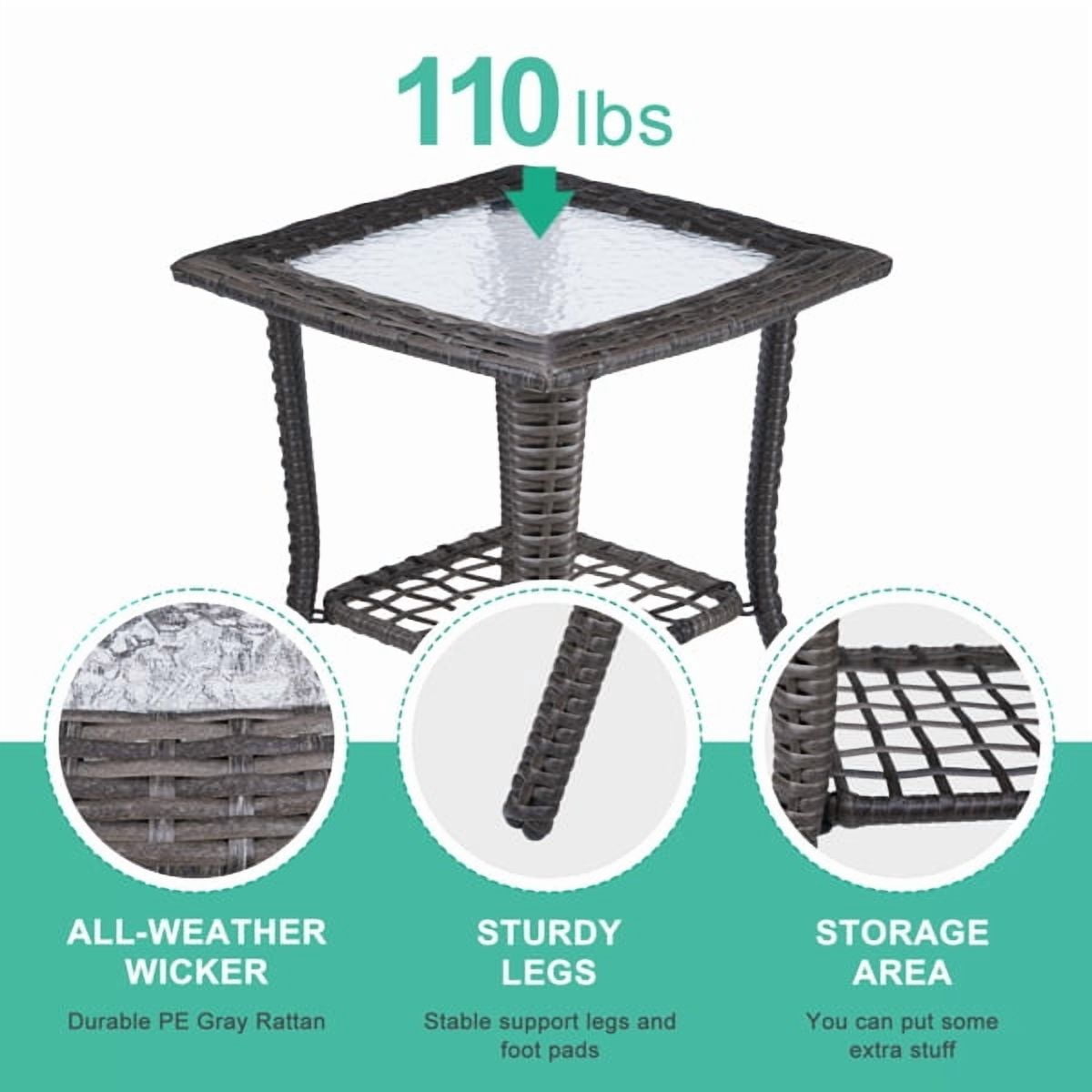 Outdoor Wicker Side Table, Rattan End Table with Glass Top, Patio Coffee Bistro Table for Indoor Garden Porch Balcony, Grey