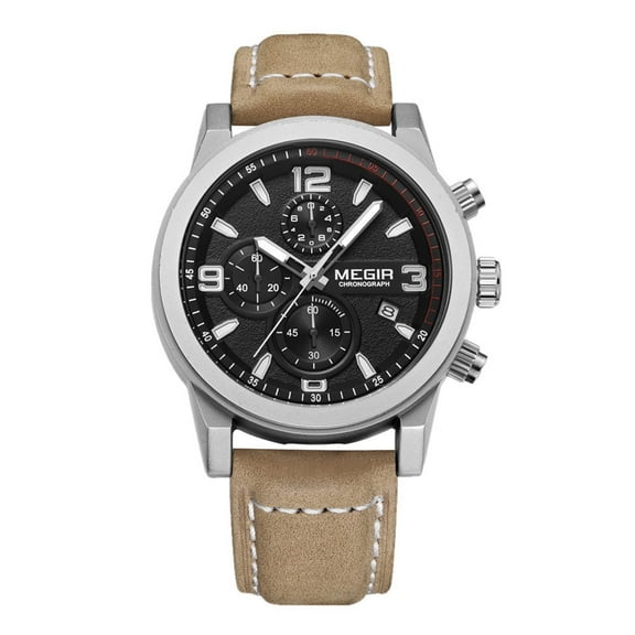 MEGIR Luxury Watch Chronograph Men's Sport Leather Strap Quartz Wristwatches Luminous Casual Clock