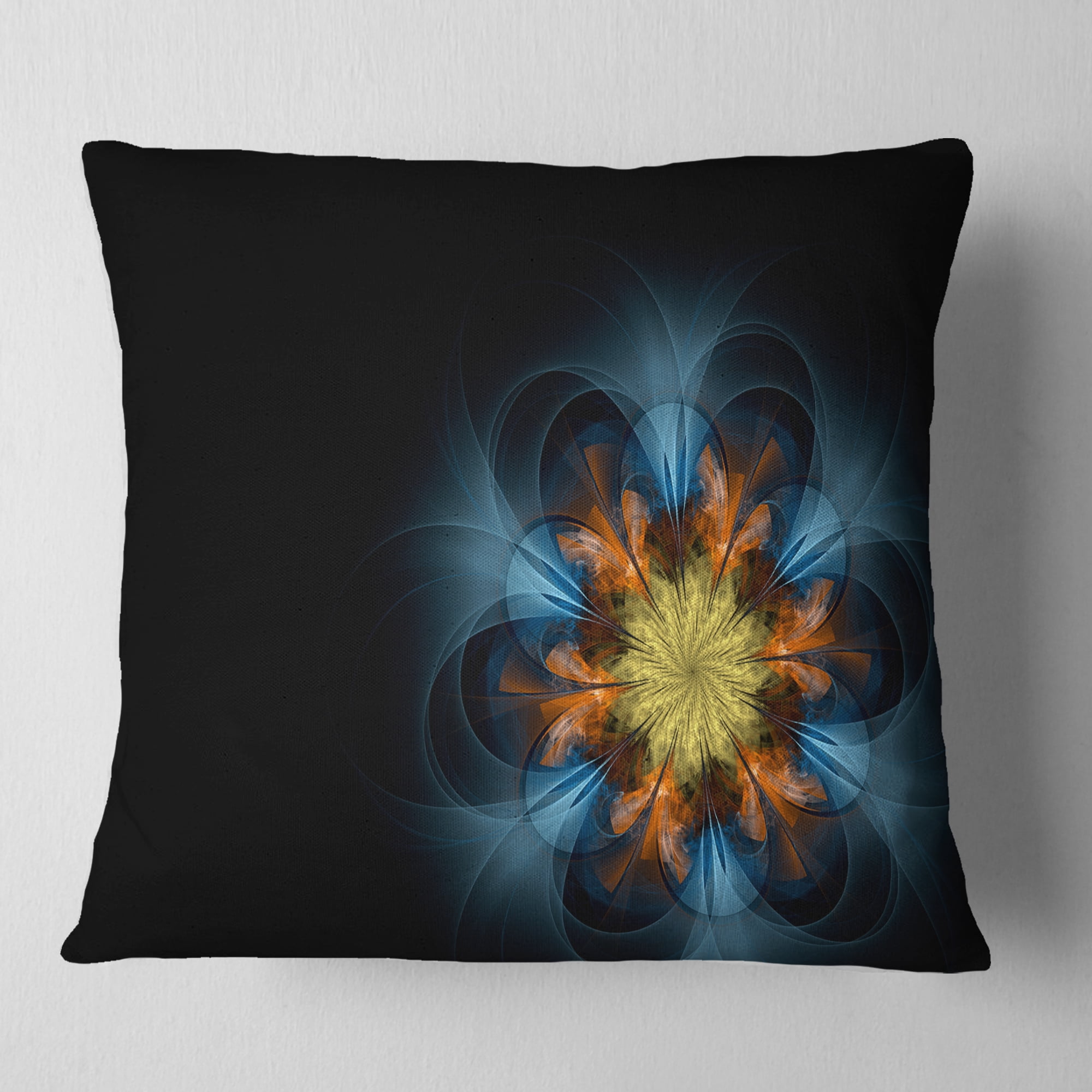 Designart Symmetrical Blue Orange Fractal Flower - Abstract Throw Pillow - 18x18