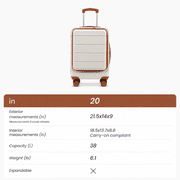 20Inch Carry On Luggage, Hardside Front Opening Spinner Suitcase for Travel, White Brown