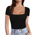 thumbnail image 1 of Gibobby Camisa&nbsp;Vaquera Camisetas de manga corta con cuello cuadrado y manga larga para mujer（Negro， S), 1 of 5