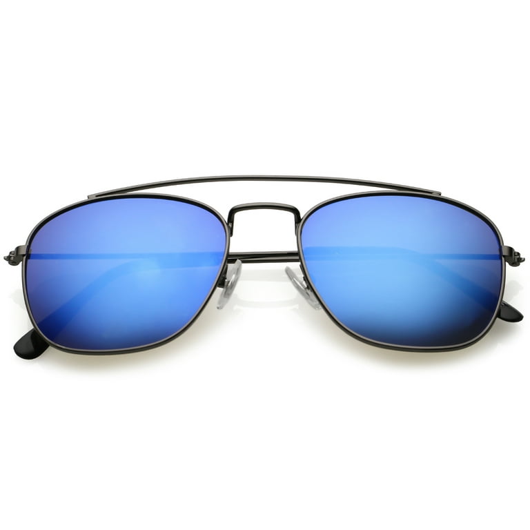 Classic Metal Aviator Sunglasses Curved Crossbar Mirrored Square Lens 53mm  (Black / Blue Mirror)