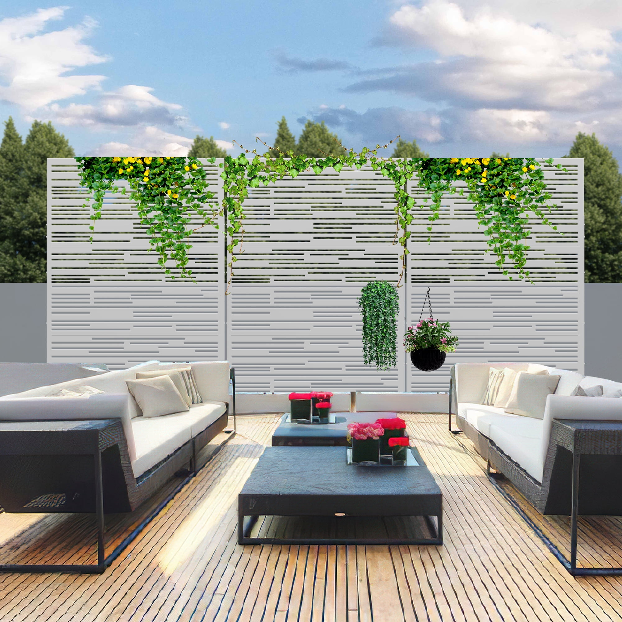 MAYEERTY 72×47" Outdoor White Metal Privacy Panel Screen for Backyard & Garden, Shadow Play Pattern