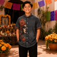 thumbnail image 2 of Boys Short Sleeve Button Down Shirt Day Of Dead Mexican Print Collar Casual Top For Halloween School Outdoor, 2 of 5