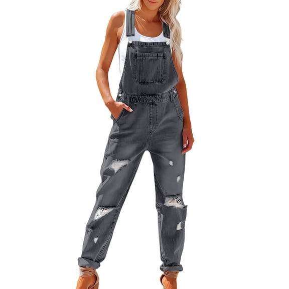Women's Distressed Ripped Denim Overalls Casual Sleeveless Jumpsuit Vintage Loose Comfy Straight Leg Jumpsuit with Pockets Trendy Outfits Clothes