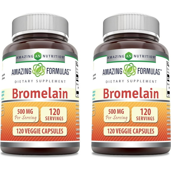 Amazing Formulas Bromelain 500 Mg (2400 GDU) Per Serving 120 Veggie Capsules Supplement | Non-GMO | Gluten Free | Ideal for Vegetarians | Pack of 2