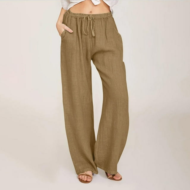 LOVZFMLL Women's Pants, Casual Linen Drawstring Elastic Waist Long Wide Leg Pants Beige, L
