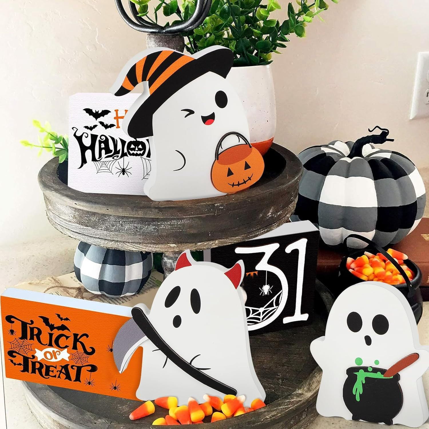 Set of 3 Cute Wooden Ghost Tiered Tray Decorations for Halloween Home Decor