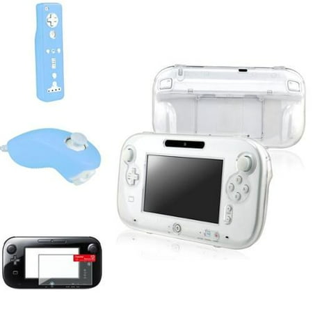 Insten For Nintendo Wii U Blue Right Remote+Nunchuck Controller+Crystal Case+Protector