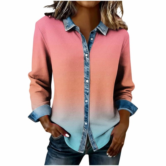 fheaev Denim Patchwork Button Down Shirts for Women Dressy Loose Long Sleeve Lapel Colorblock Business Casual Blouse