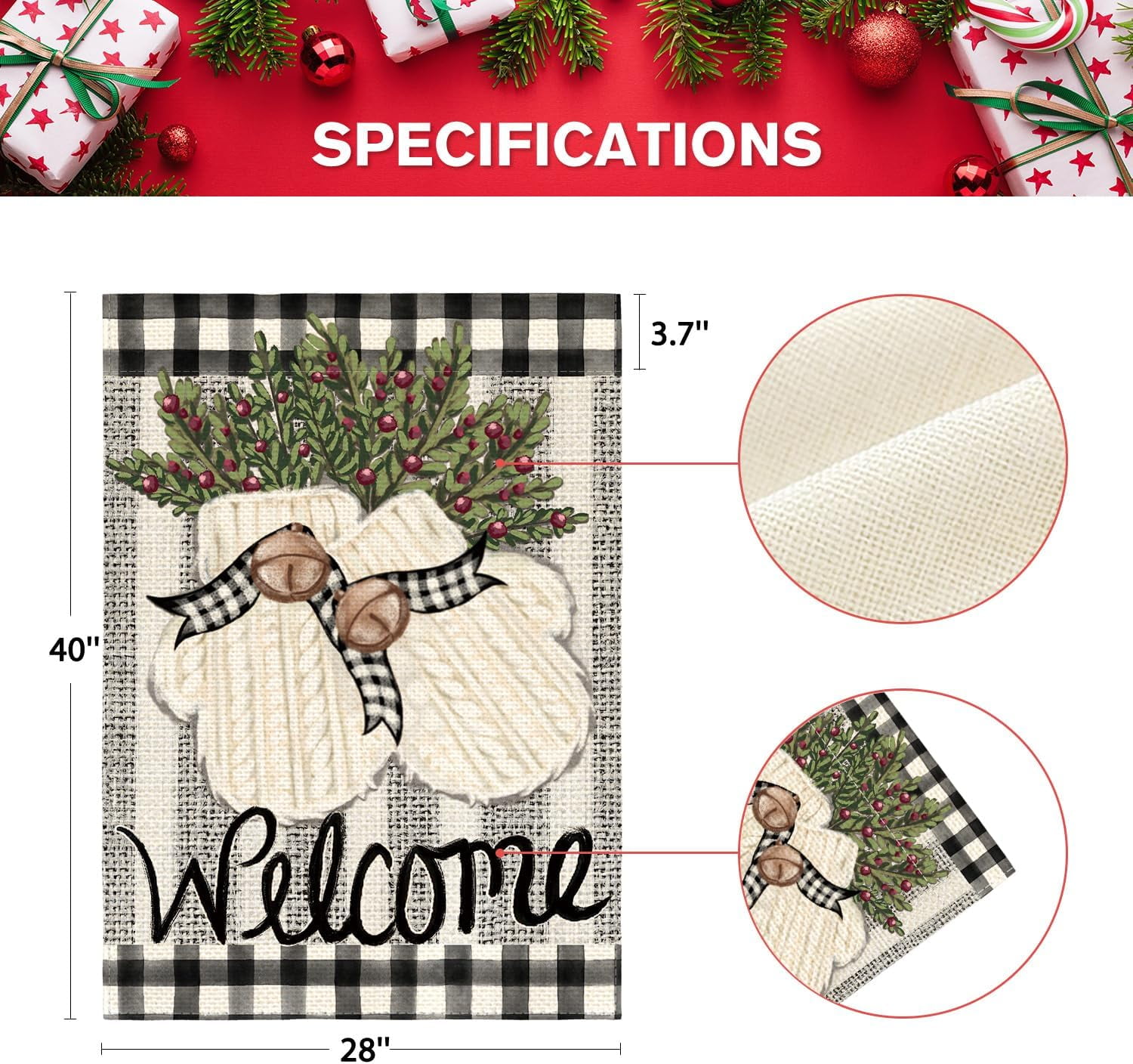Lanola Gloves Holly Welcome Winter House Flag 28x40 Inch Double Sided, Buffalo Plaid Rustic Seasonal Yard Outdoor Decorative Flag