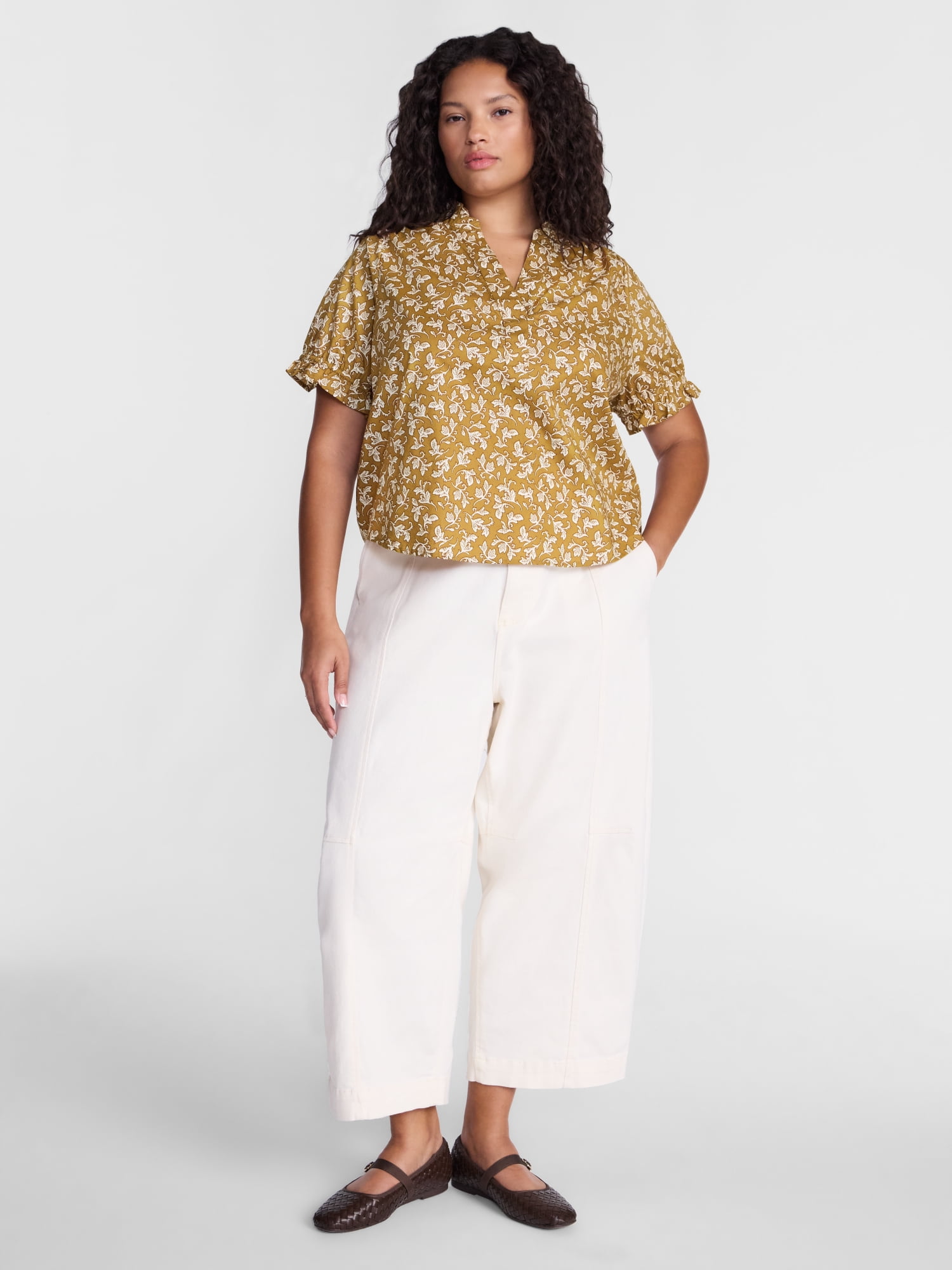 Terra & Sky Women's Plus Flowy Cotton Blouse with Short Ruffled Sleeves, Sizes 0X-5X