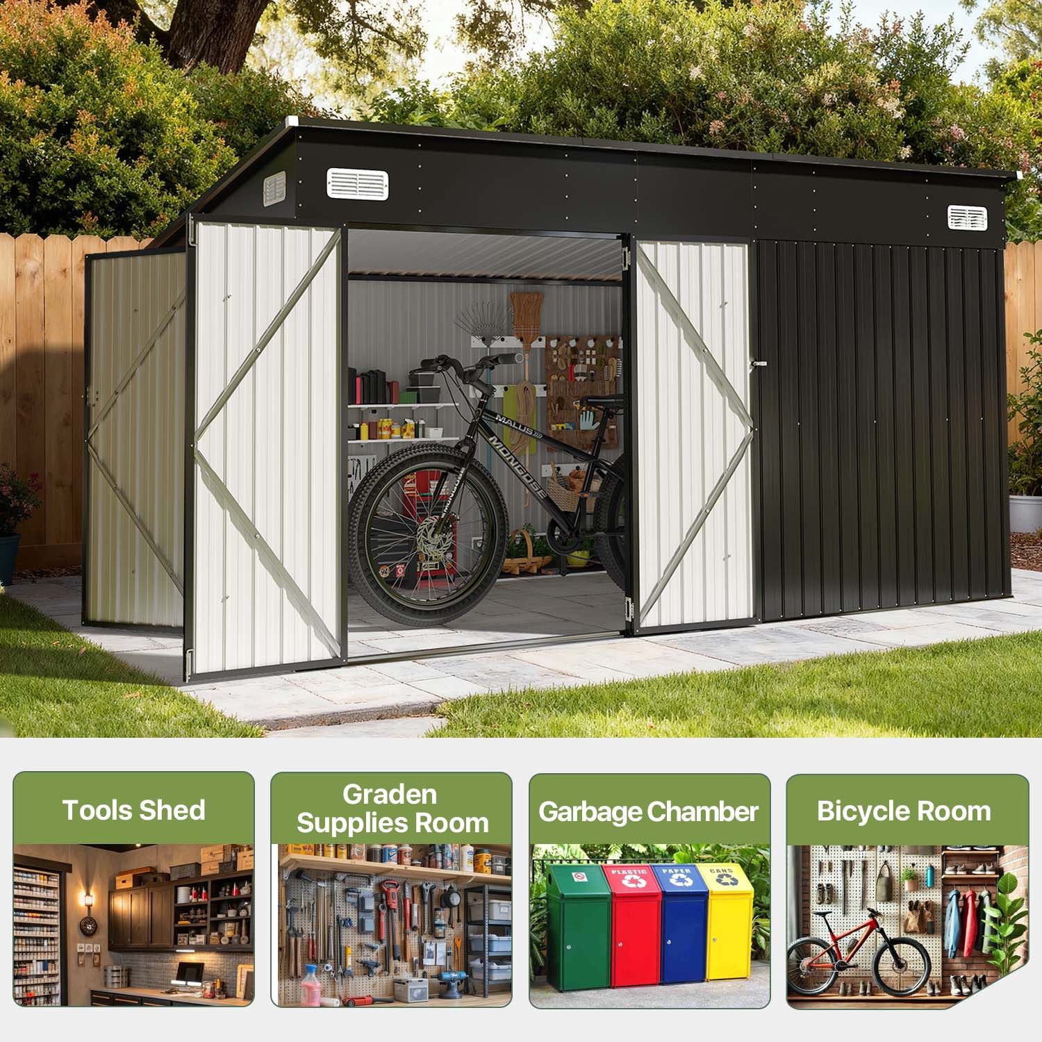 BaPiPro 12' x 8' Metal Outdoor Storage Shed, Tool Shed with Triple Lockable Door & Sloped Roof for Backyard & Patio, Black
