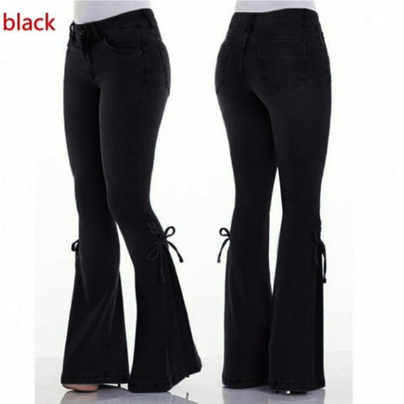 Women's Jeans Women Summer Elastic Plus Loose Denim Bow Casual Boot Cut Pant Jeans,Black Women's Jeans XS
