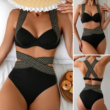 Joernso 2Pcs/Set Women Summer Bikini Set Sling Cross Back Bra High Waist Swim Trunks Set Patchwork Color Padded Underwire Quick Drying Swimwear