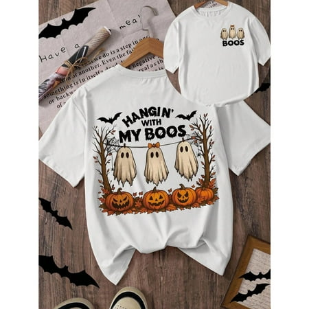 Halloween Pumpkin Ghost Print T Shirt Cotton Casual Graphic Tee Round Neck Short Sleeve White S-5XL