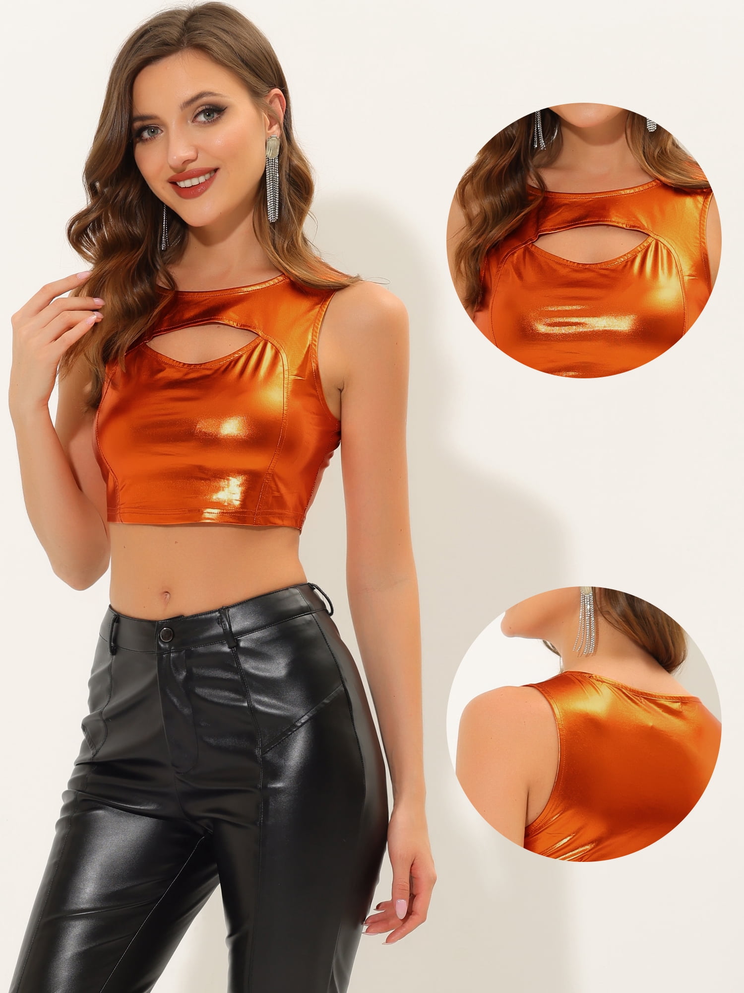 DARING DIVA Women's Shiny Metallic Crop Cut Out Party Tank Tops XL Orange