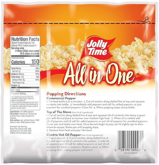 JOLLY TIME All-In-One Popcorn Machine Kits, 36/10.5oz Pack, Pre-Measured Kernels Oil & Salt, Gluten Free, Non-GMO, Concession Popcorn Supplies
