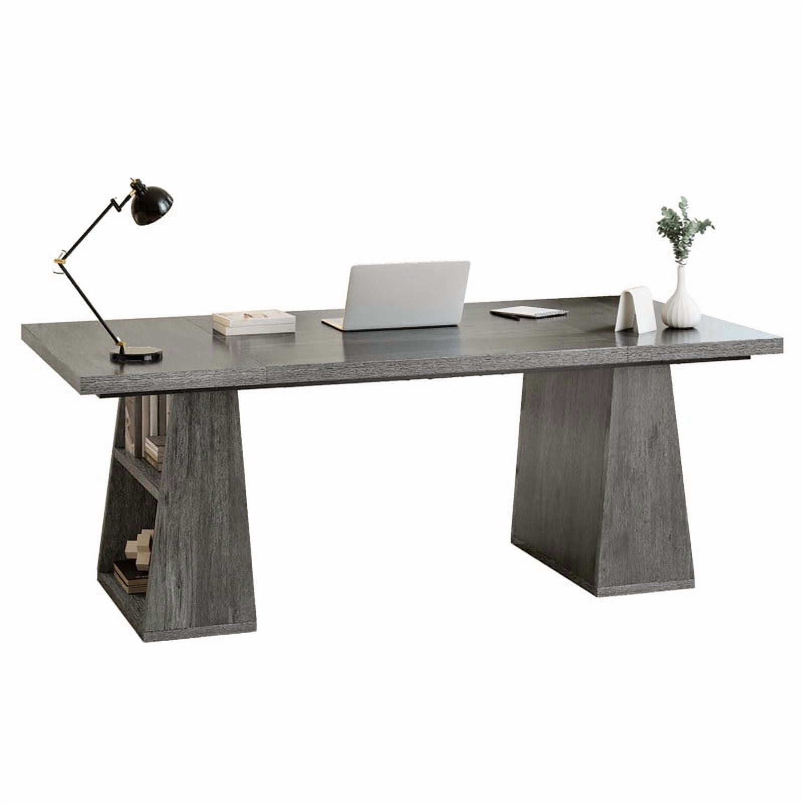 Uforic 63 inches Executive Desk with Double Pedestal and Storage Shelves, Home Office Desk Computer Desk Conference Table, Gray