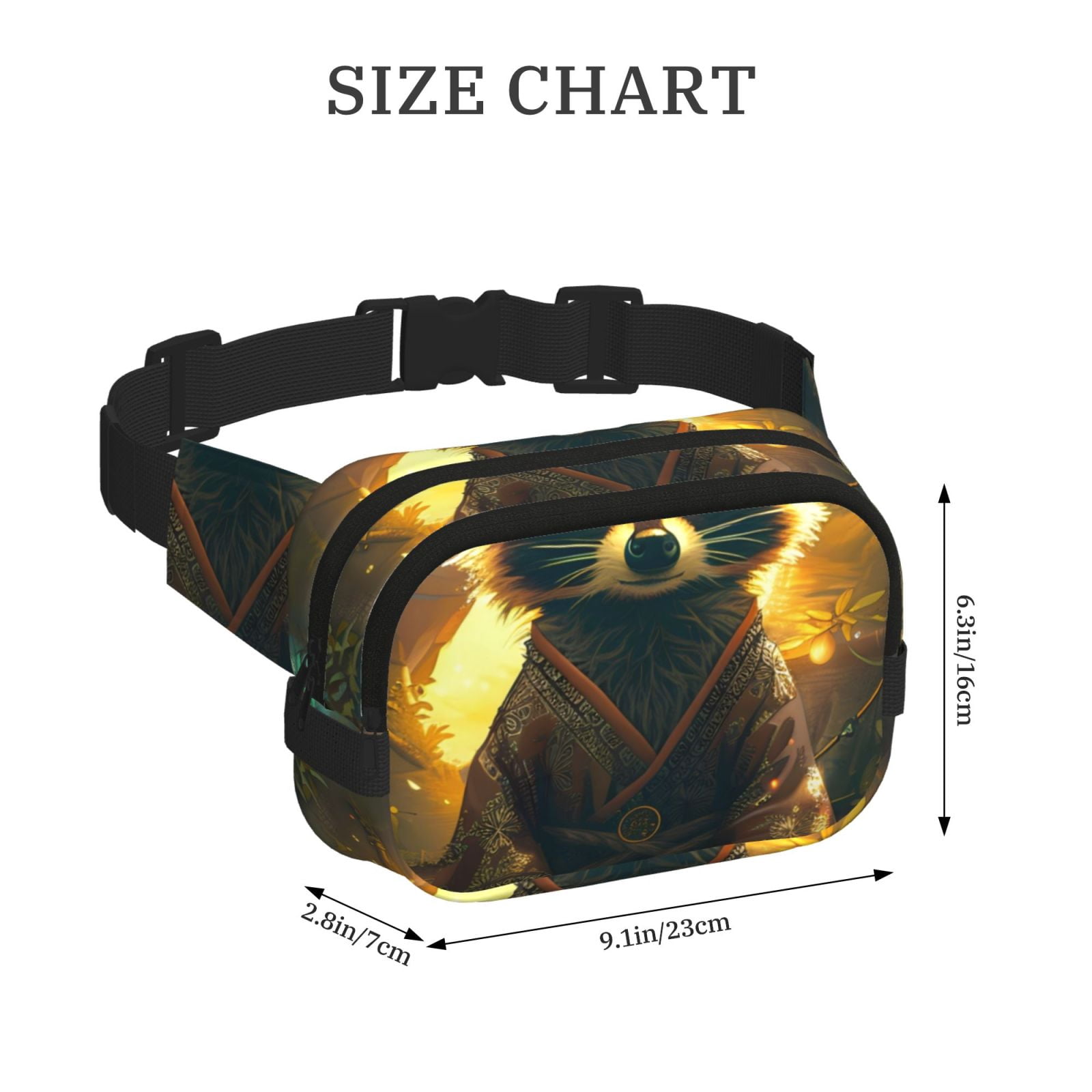 Picia Tree Meditating Raccoon Print Square Double-Layer Waist Bag Mini Adjustable Waist Belt Bag Exercise Running Travel Hiking
