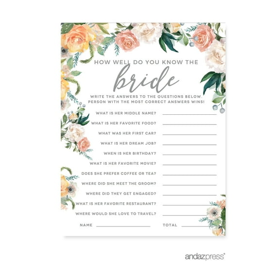 Peach Coral Floral Garden Party, How Well Do You Know the Bride?, Bridal Shower Game Cards, 20-Pack