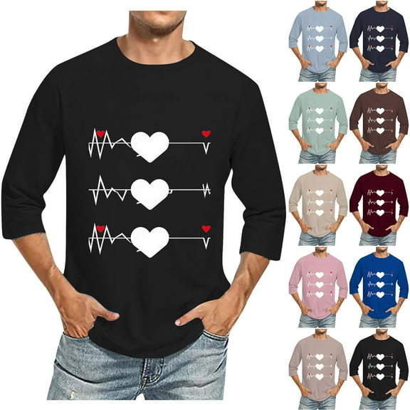Jinhomg Mens 2025 Holiday Tees Cute Valentine's Day Heart Graphic T-Shirts Big and Tall Comfy 3/4 Sleeve Crew Neck Tops Fashion Gifts Blue XXXXL