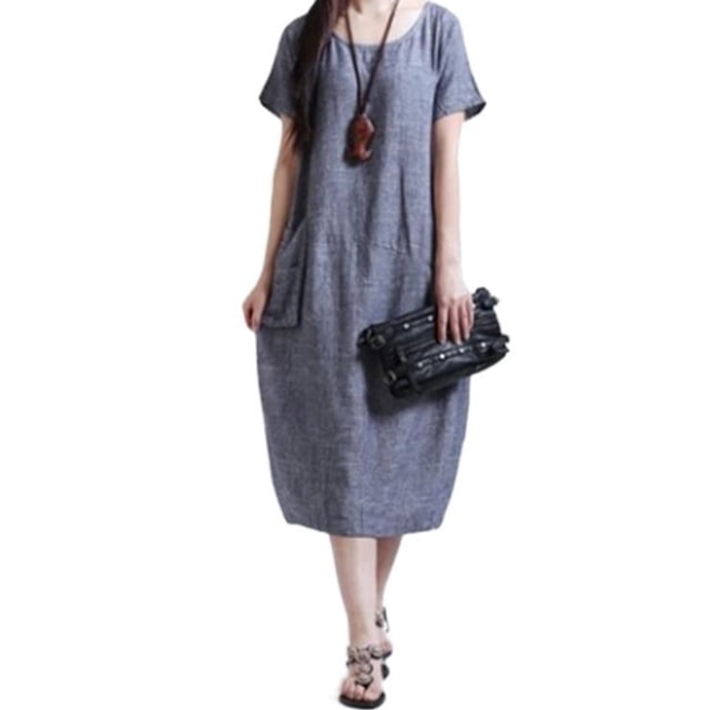 Vestido tipo caftán largo tipo túnica con bolsillos y manga corta y cuello redondo holgado para mujer
