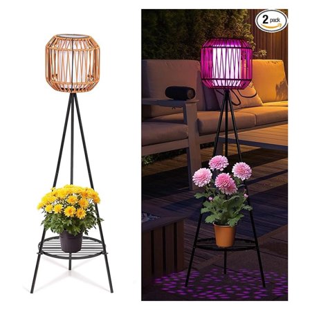 2pk Solar Floor Lamps Porch Decorations 9 Color Option Outdoor Rattan Lights with Plant Stand Both USB and Solar Powered Garden Lantern Lights for Patio Yard Pathway