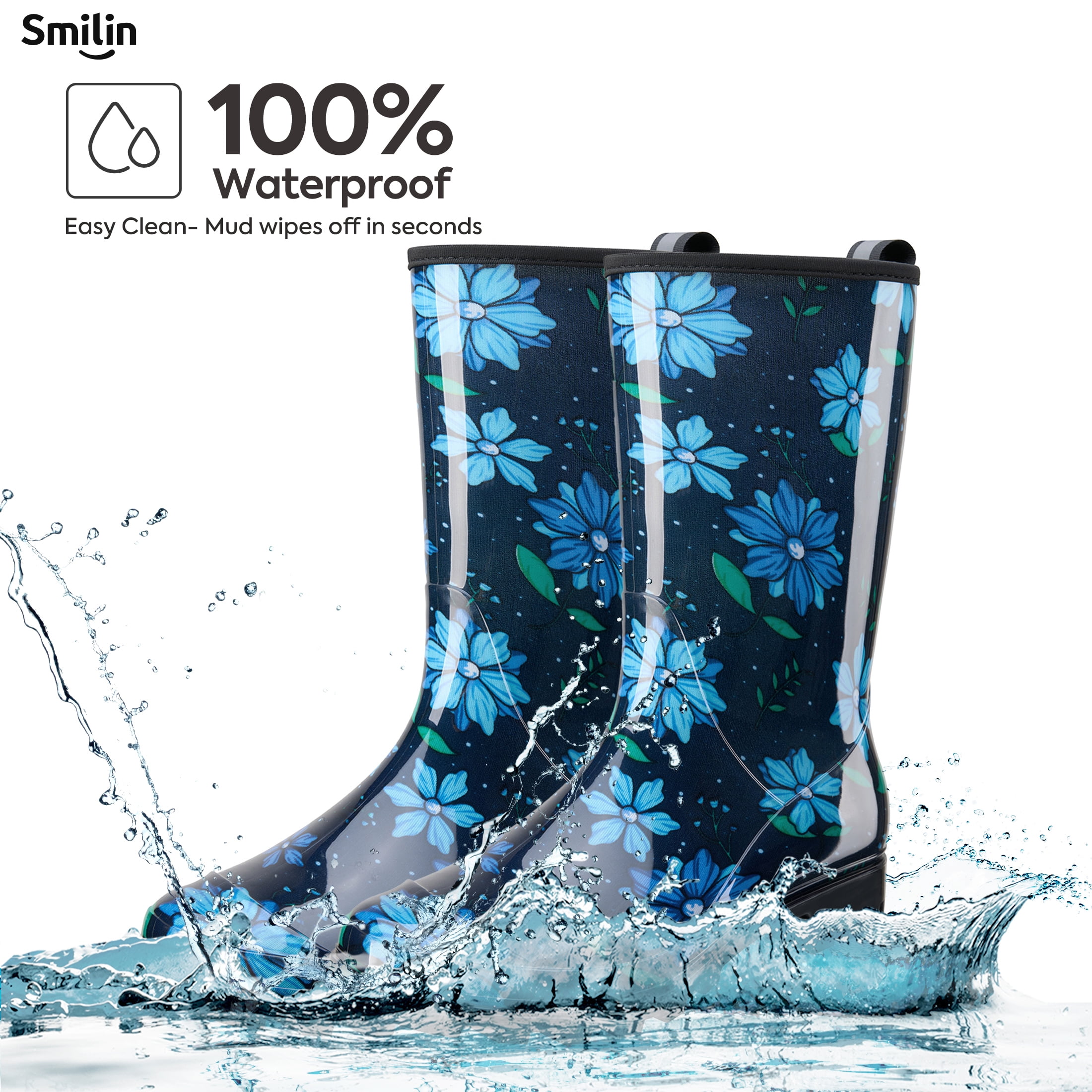SMILIN Women's Rain Boots, Waterproof Non-slip High Ankle Garden Boots，Blue Floral, Size 11