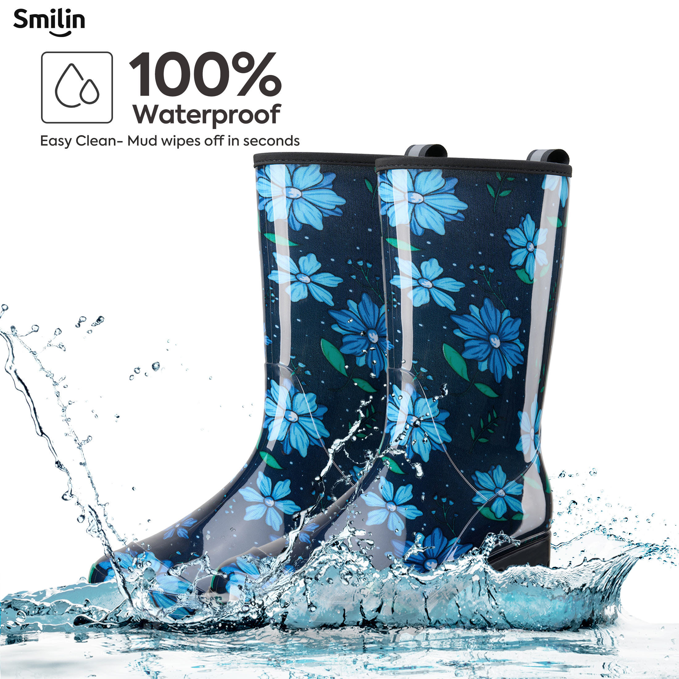 SMILIN Women's High Ankle Rain Boots, Blue Floral photo 4